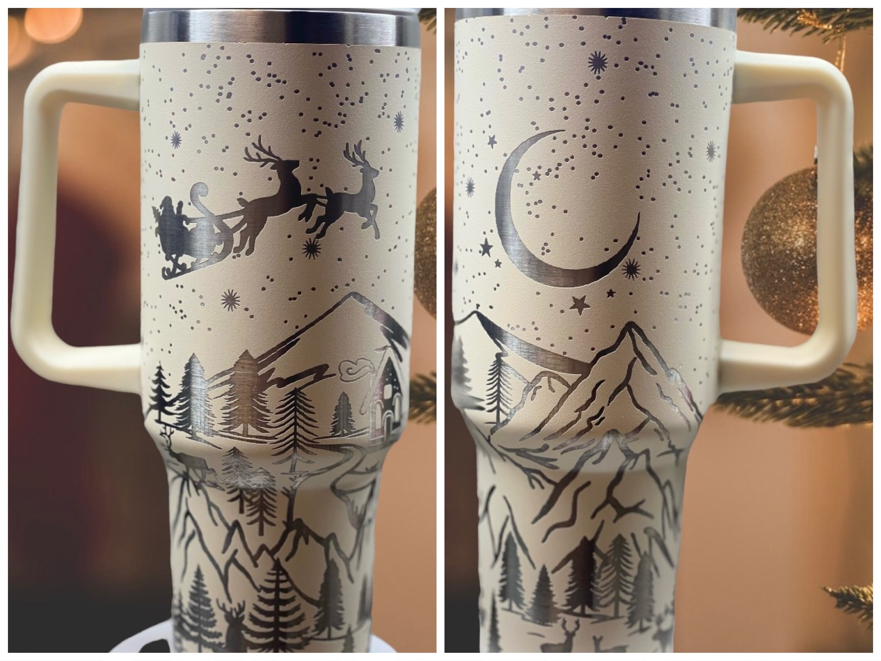 40oz tumbler laser engraved cream white Christmas scene