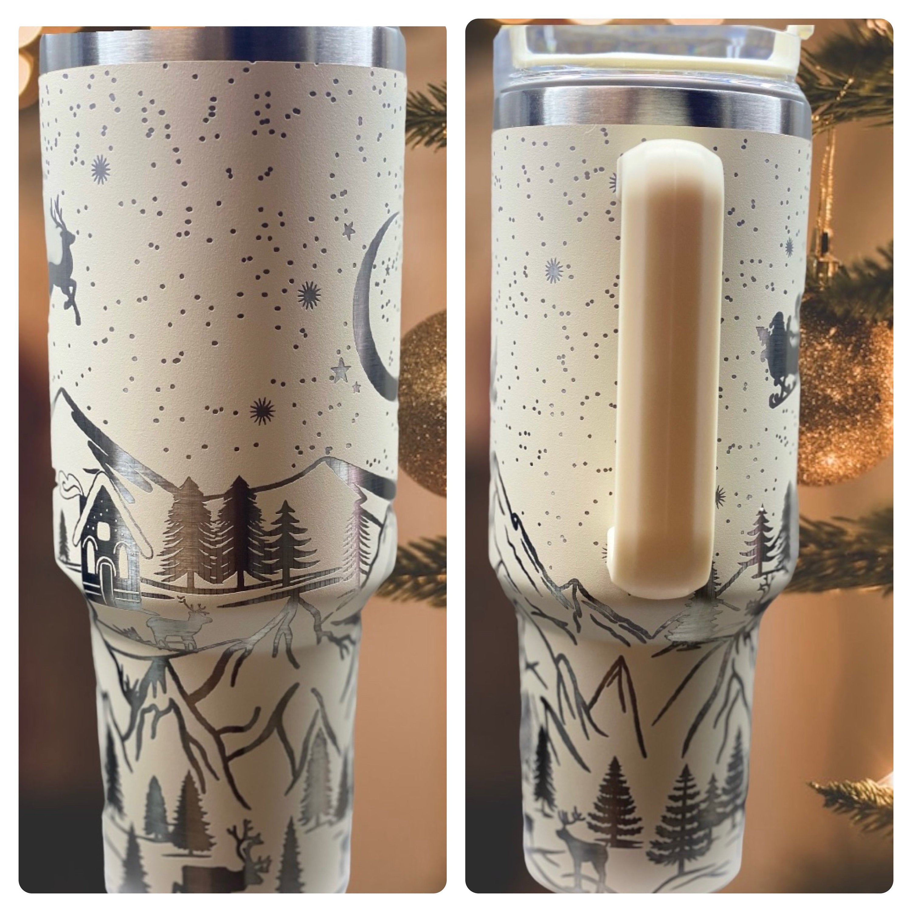 40oz tumbler laser engraved cream white Christmas scene