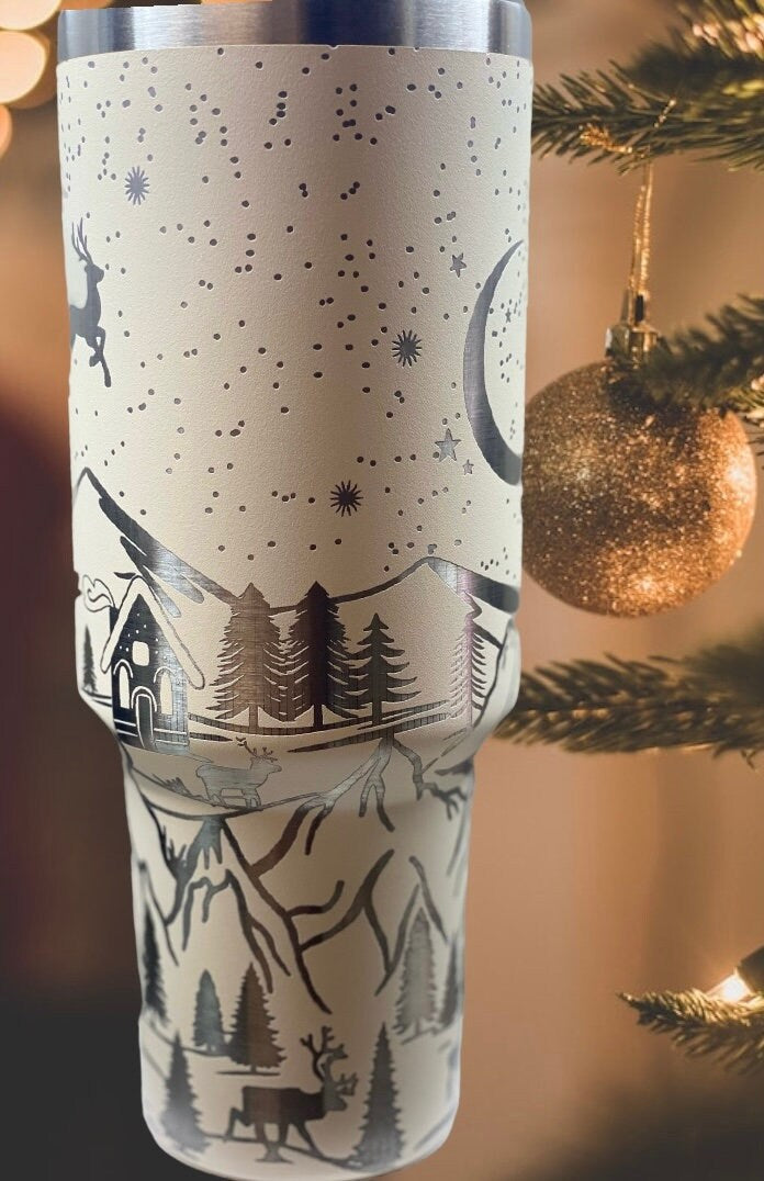 40oz tumbler laser engraved cream white Christmas scene