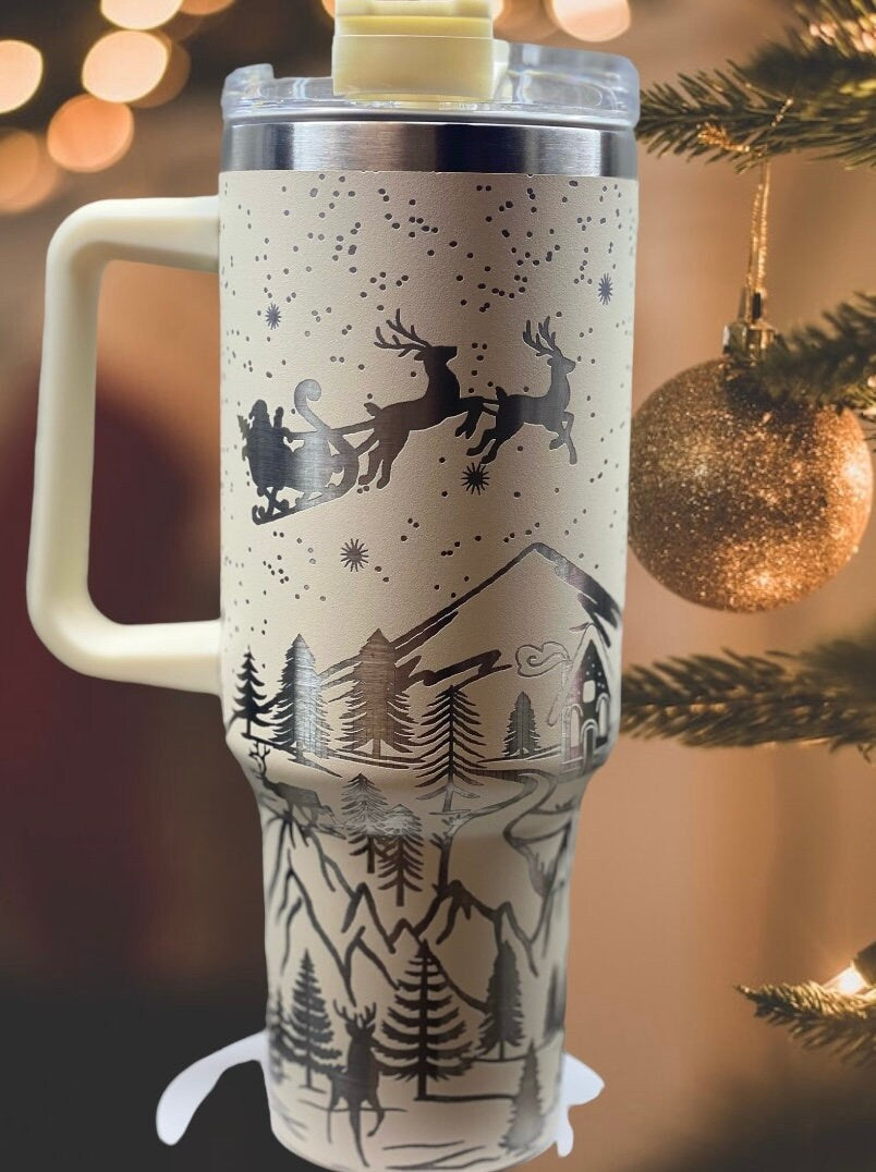 40oz tumbler laser engraved cream white Christmas scene