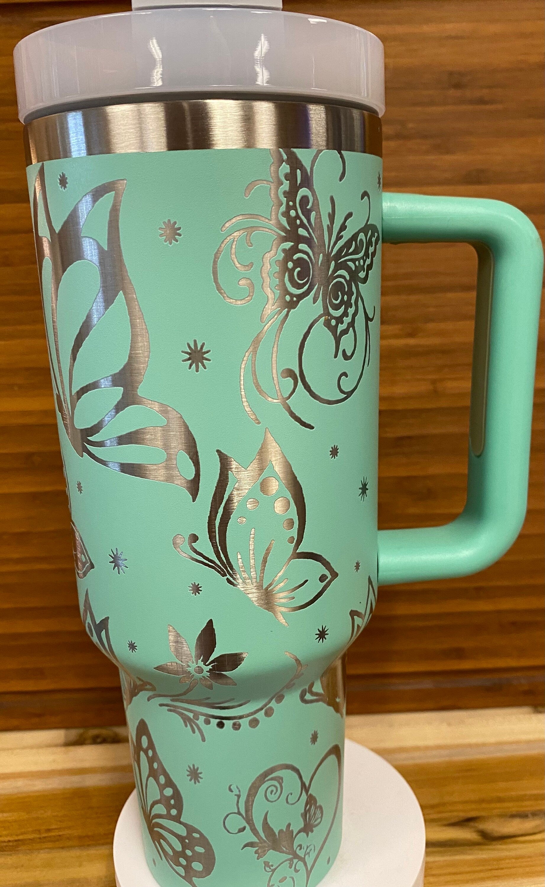 40 oz Laser Engraved Unbranded Tumbler Butterfly Teal