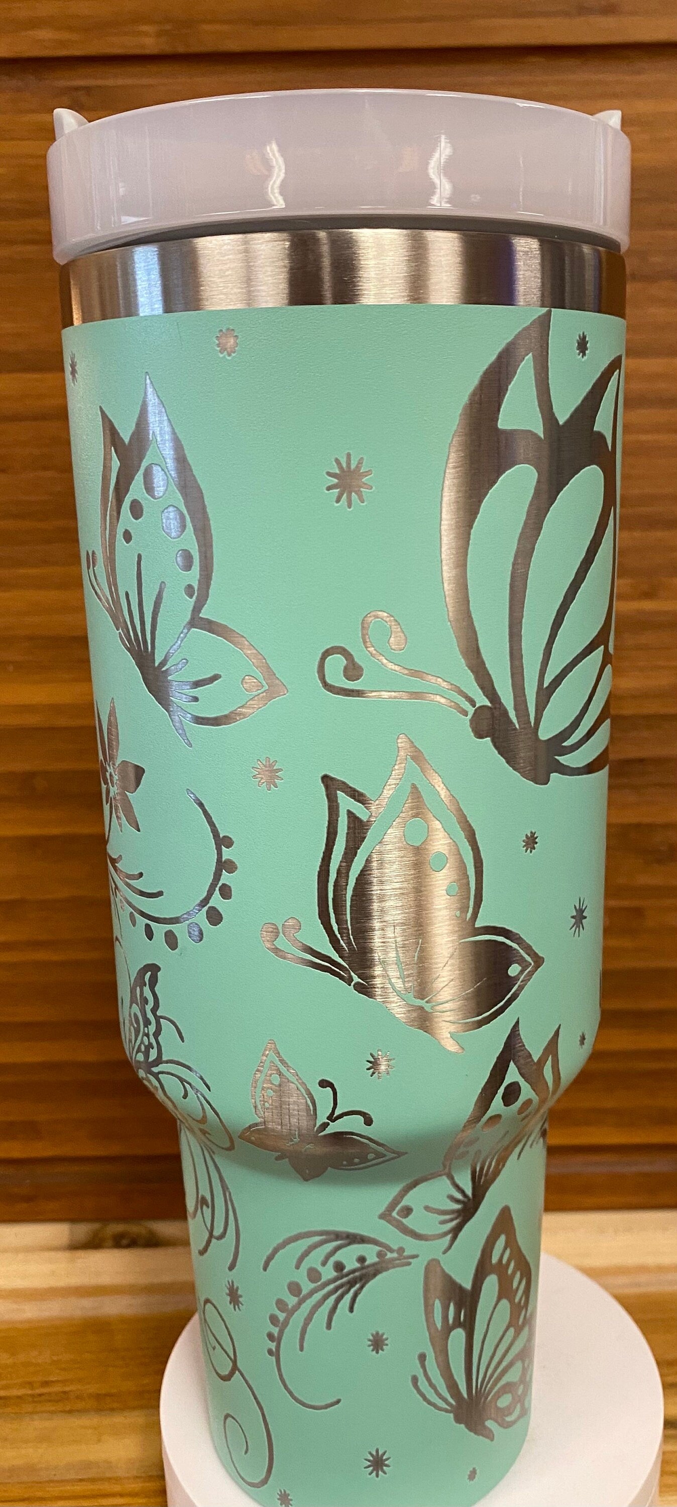 40 oz Laser Engraved Unbranded Tumbler Butterfly Teal