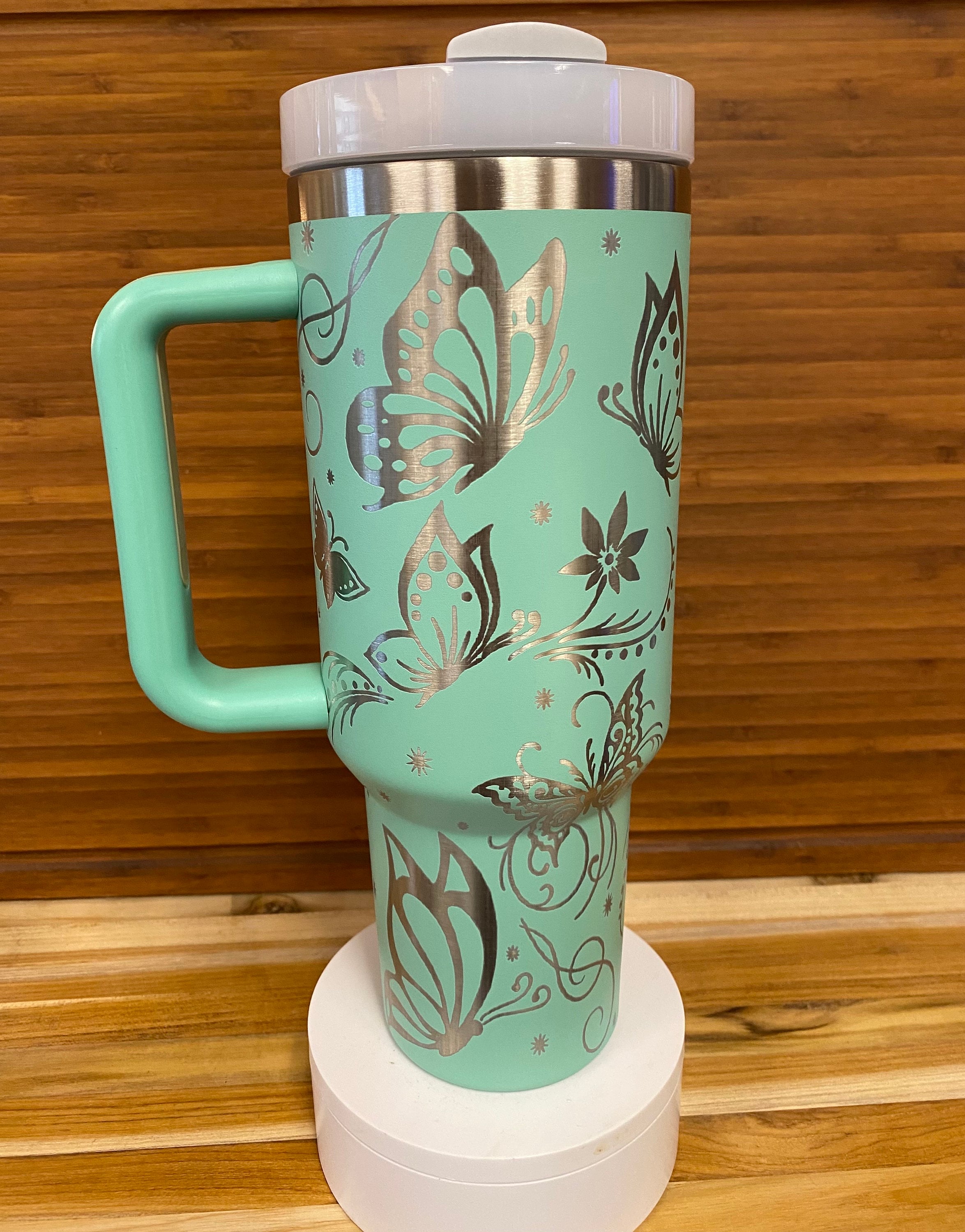 40 oz Laser Engraved Unbranded Tumbler Butterfly Teal